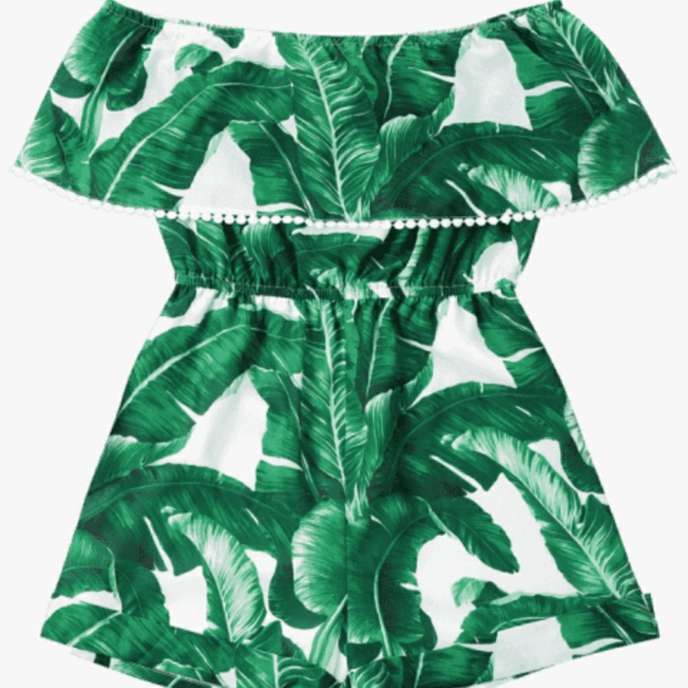 Off shoulder romper tropical green banana leaf